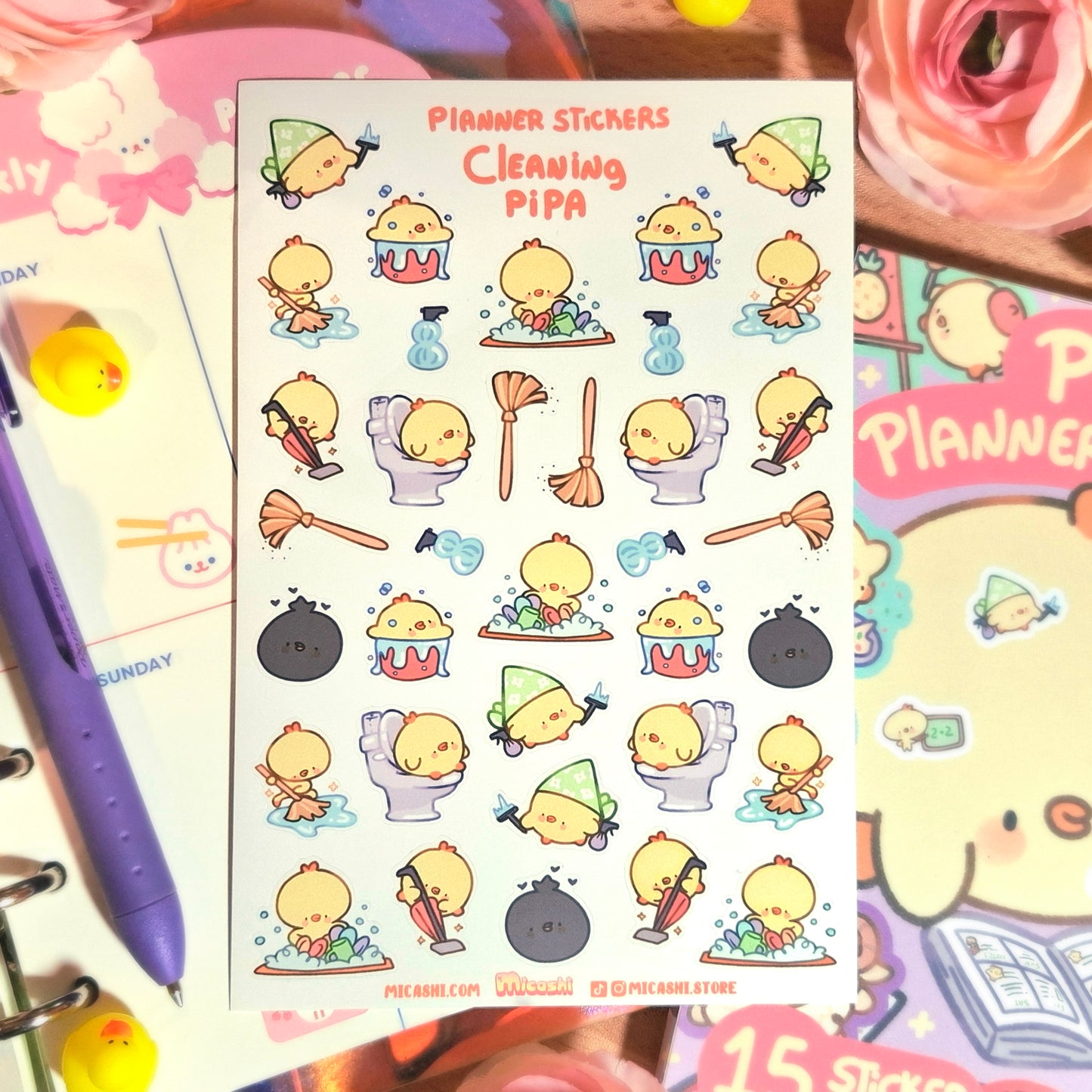 Cleaning Pipa ✨ Planner Sticker Sheet - cute kawaii duck, chick, bird stickers