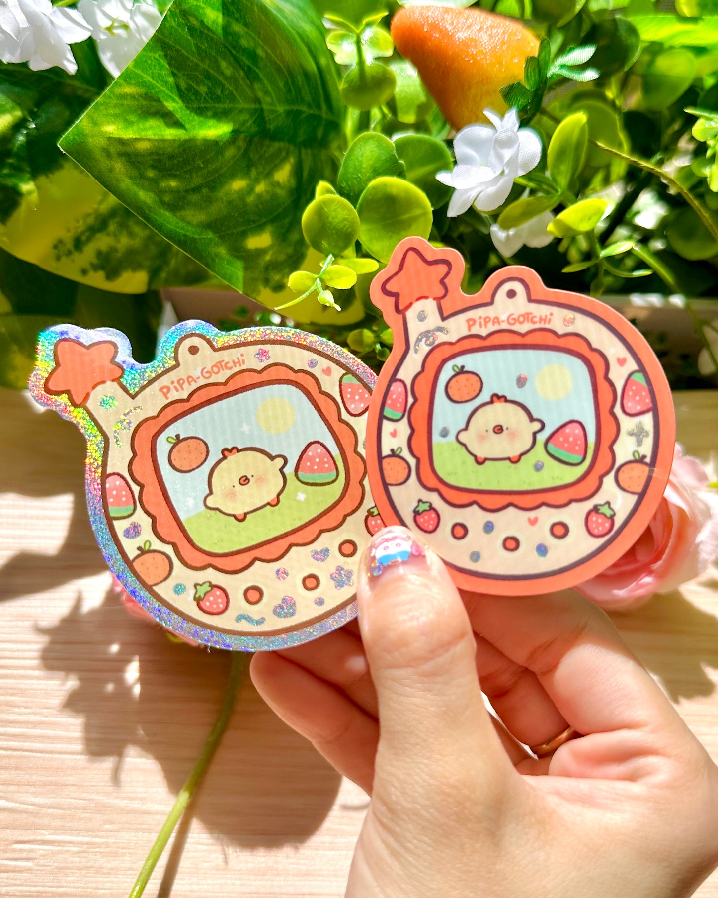 Tamagotchi Pipa with clumsy foil details - Glossy Vinyl Sticker