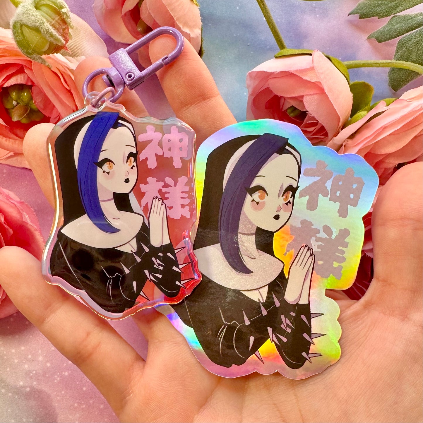 Oopsie Goth Nun Praying - Holographic Acrylic Charm 2.5" One sided