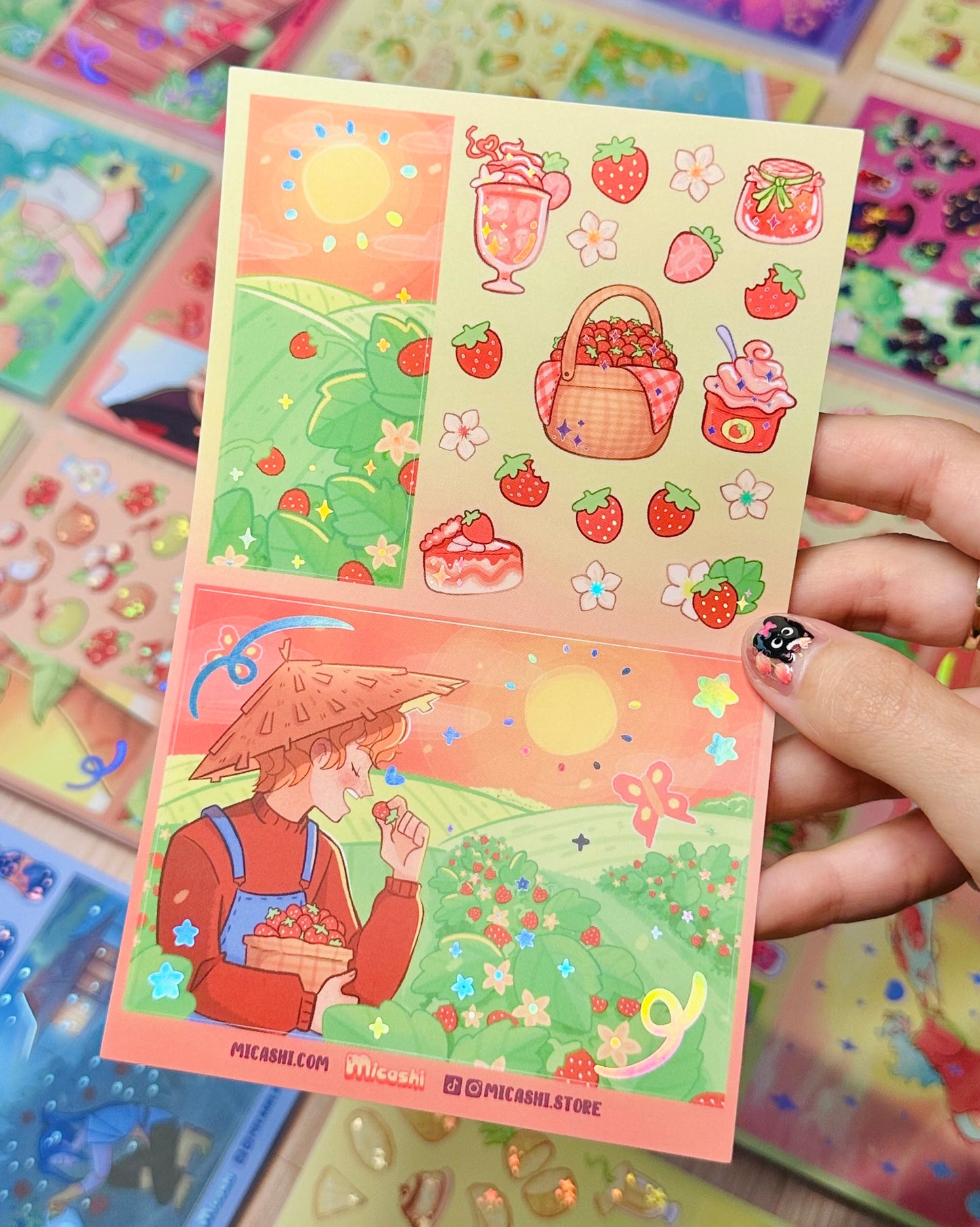Strawberry Picnic -Vinyl sticker sheet with holographic foil details, matte laminated remaster