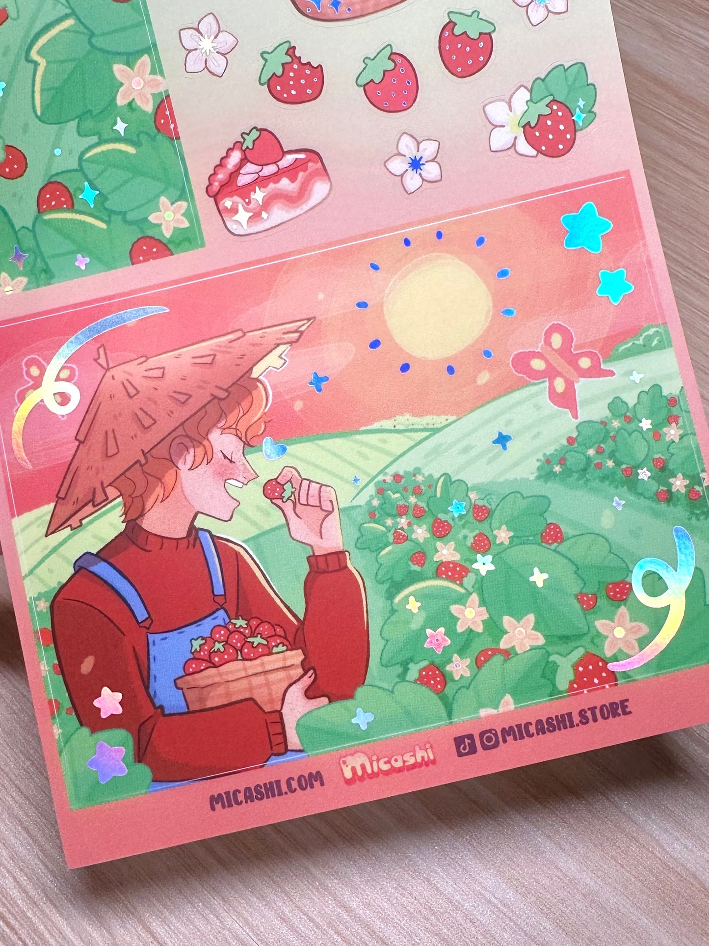 Strawberry Picnic -Vinyl sticker sheet with holographic foil details, matte laminated remaster