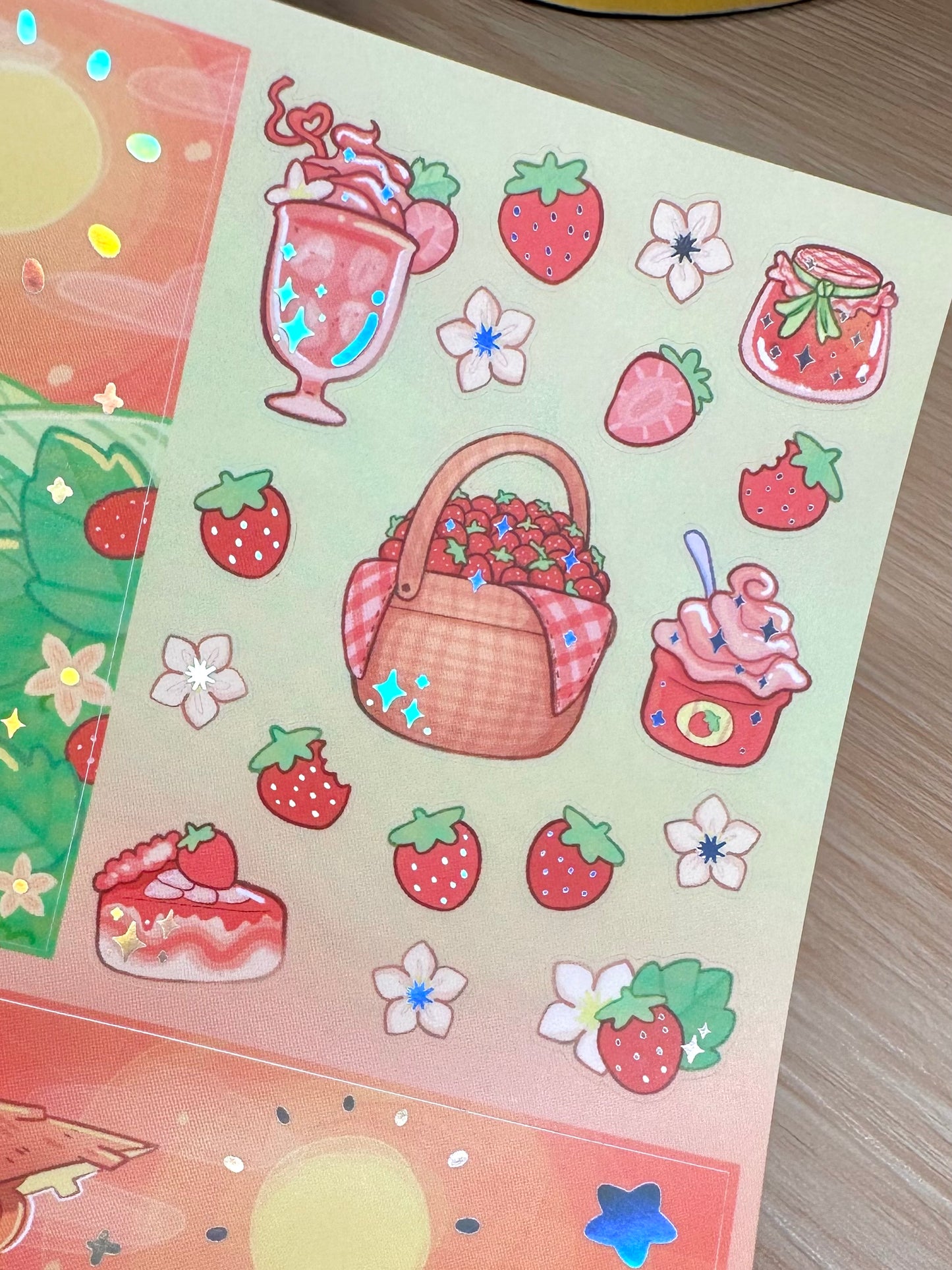 Strawberry Picnic -Vinyl sticker sheet with holographic foil details, matte laminated remaster