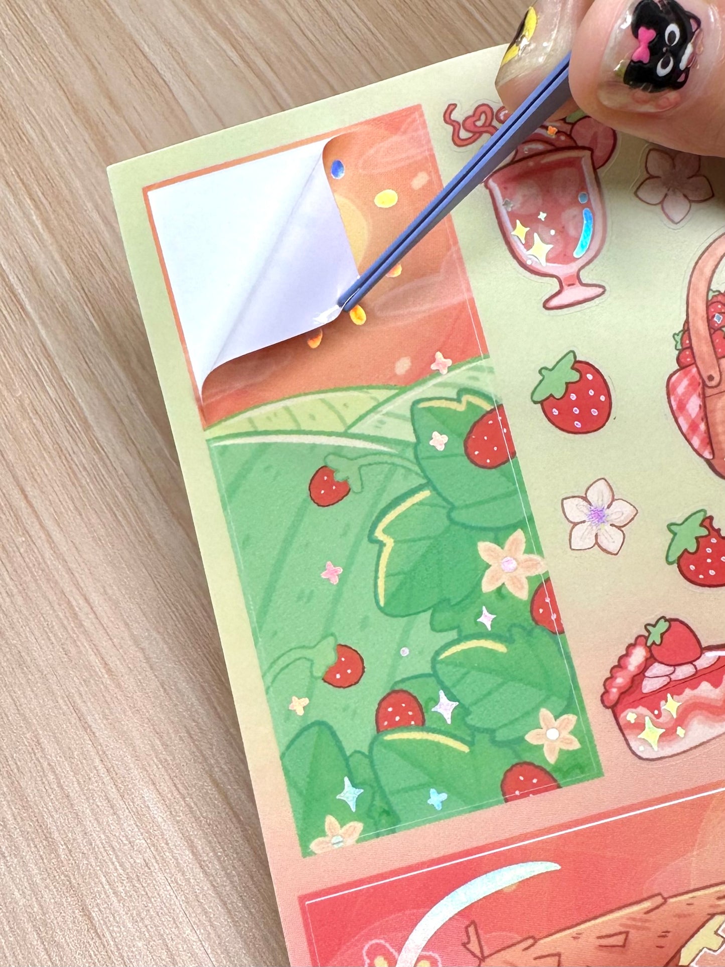 Strawberry Picnic -Vinyl sticker sheet with holographic foil details, matte laminated remaster