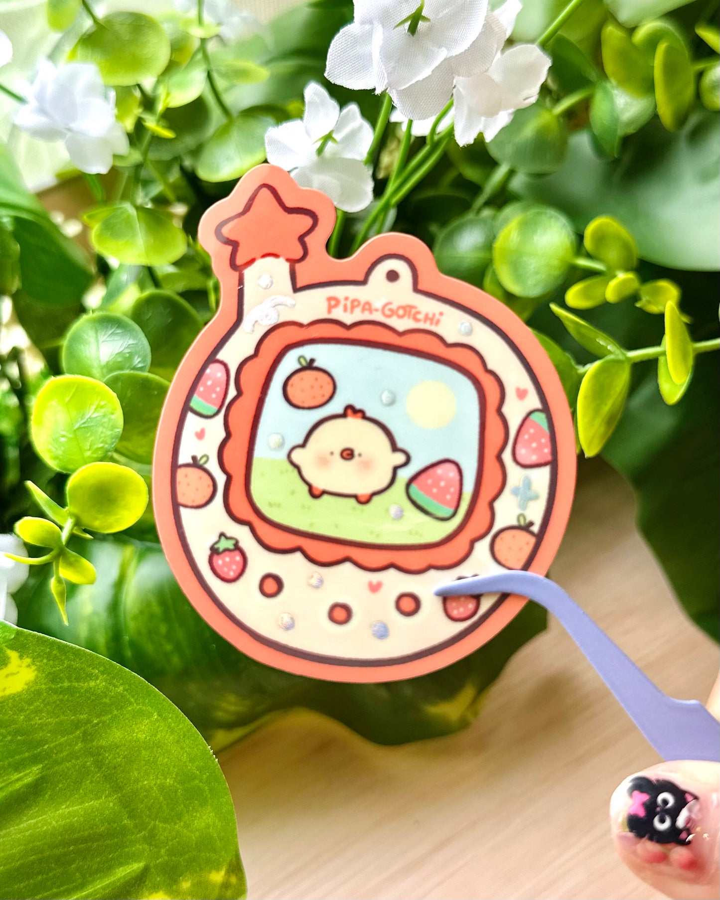 Tamagotchi Pipa with clumsy foil details - Glossy Vinyl Sticker