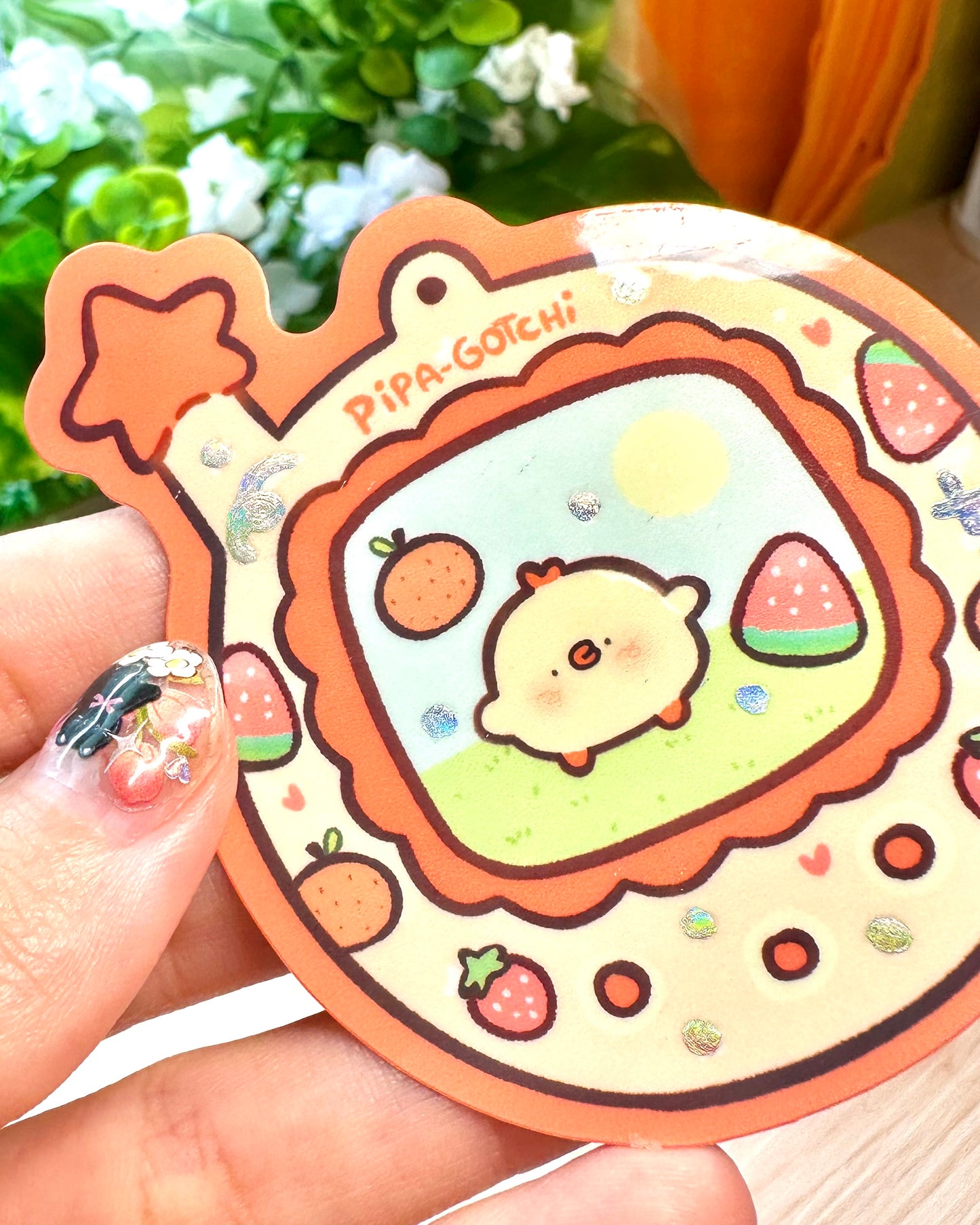 Tamagotchi Pipa with clumsy foil details - Glossy Vinyl Sticker