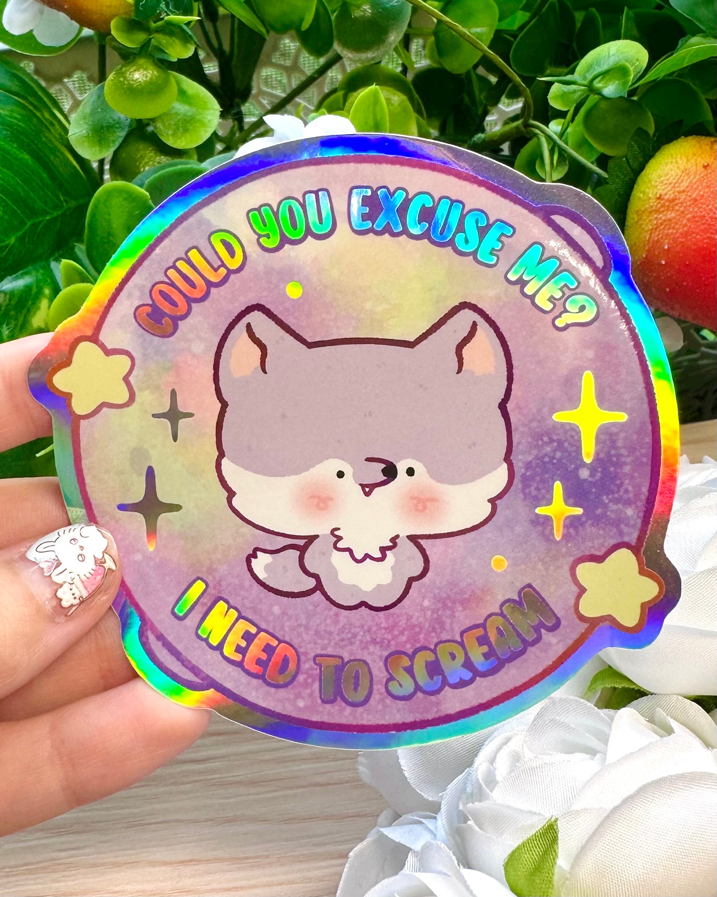 Cute Wolf, Could you excuse me? I need to scream- Vinyl sticker Holographic