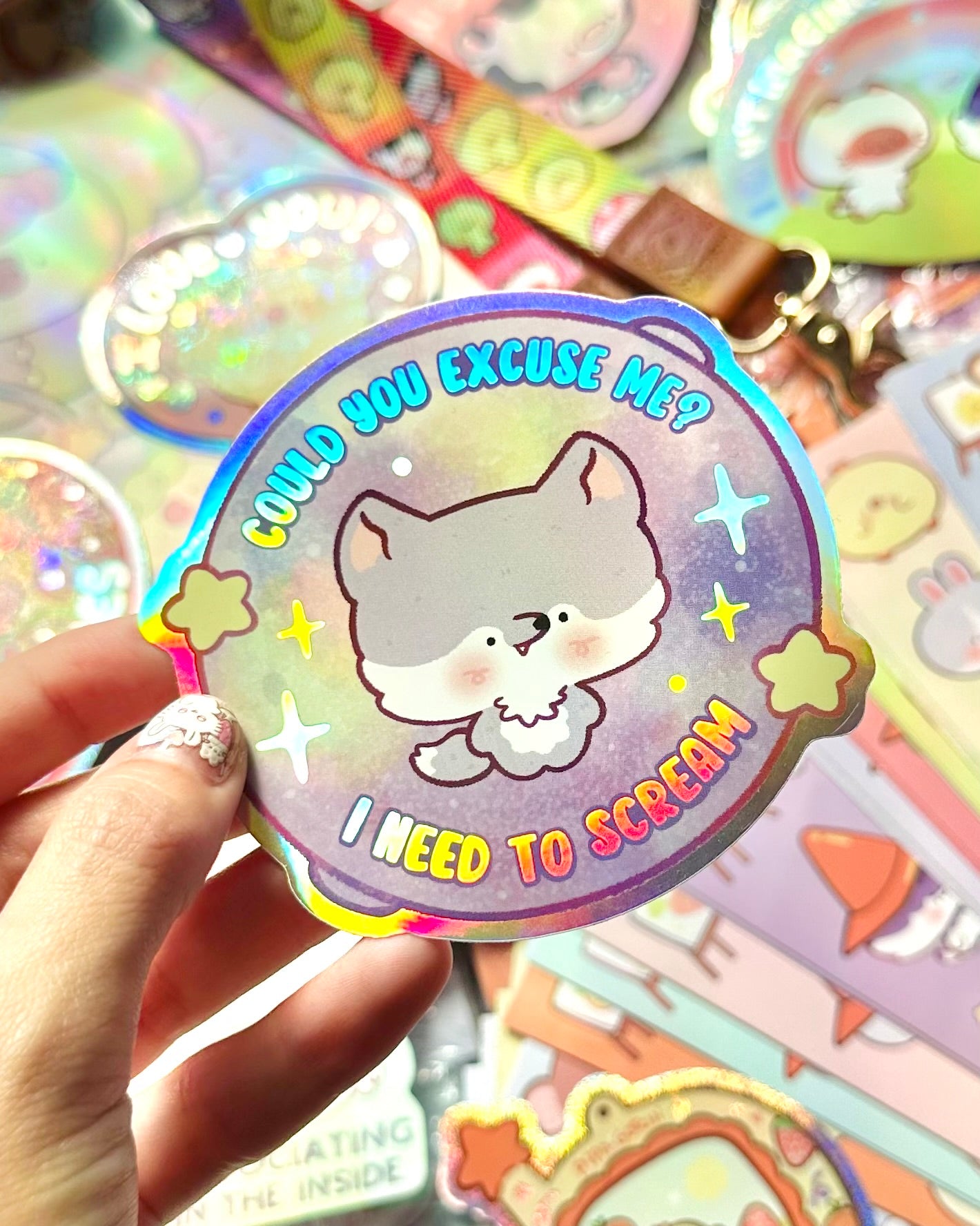 Cute Wolf, Could you excuse me? I need to scream- Vinyl sticker Holographic