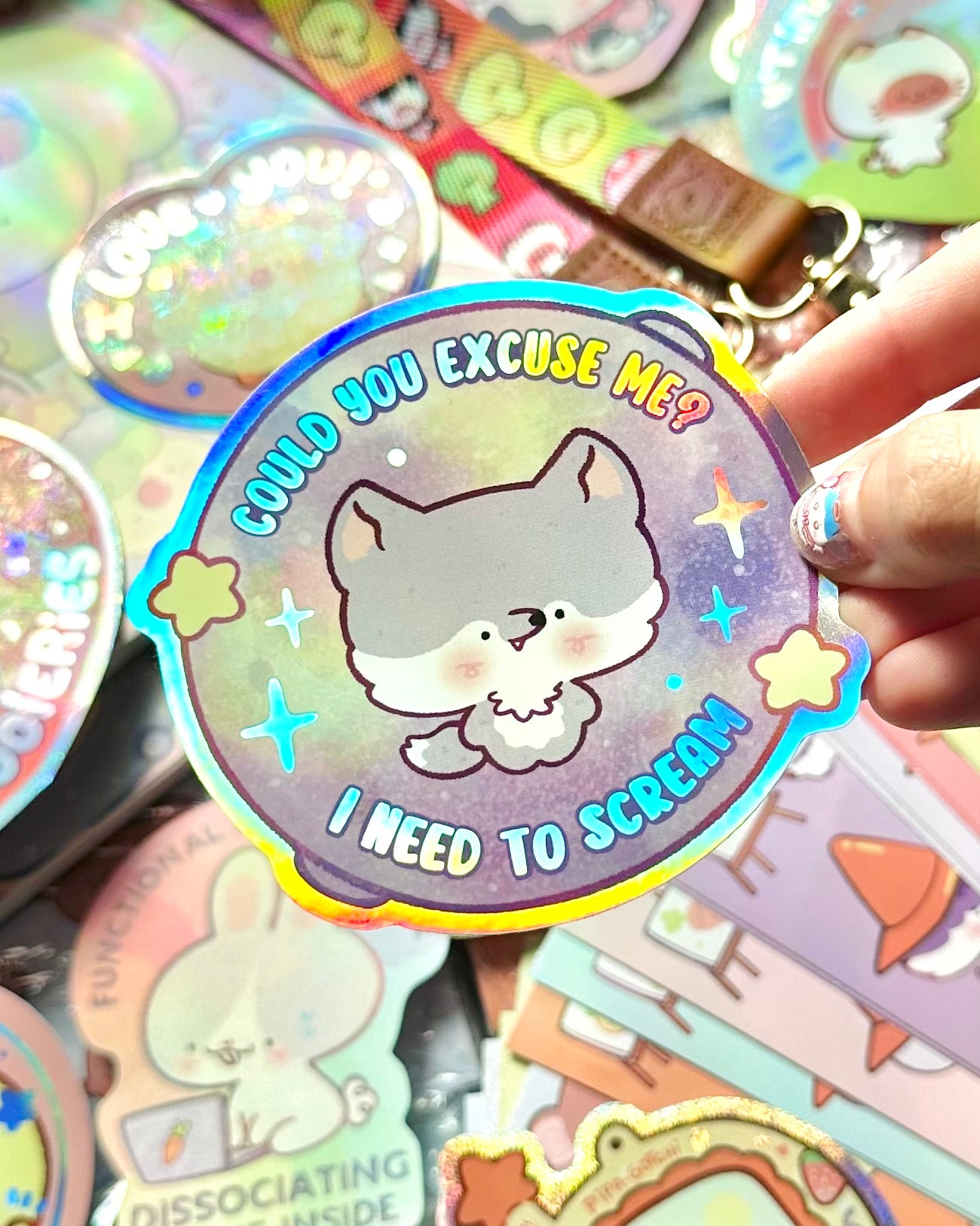 Cute Wolf, Could you excuse me? I need to scream- Vinyl sticker Holographic