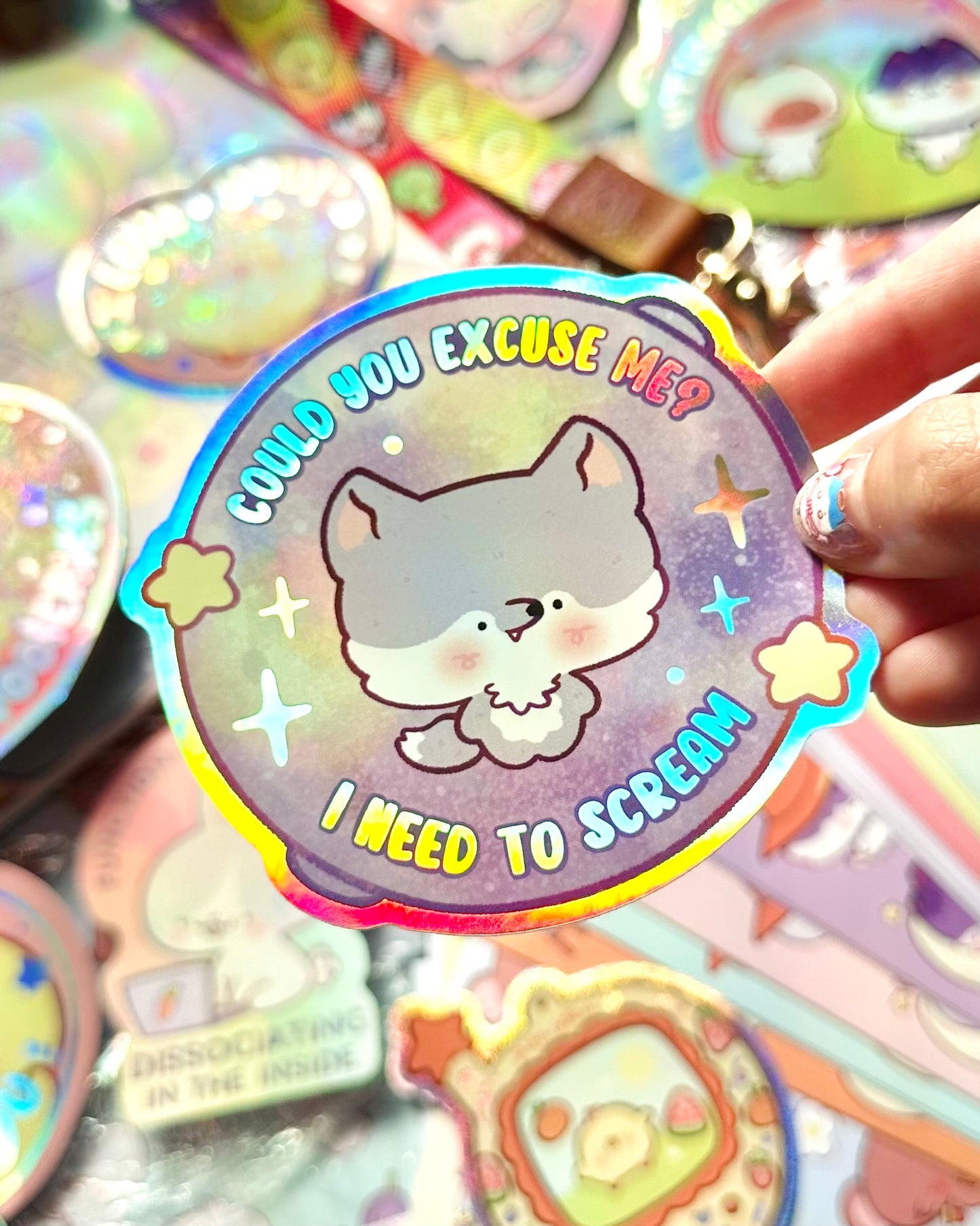 Cute Wolf, Could you excuse me? I need to scream- Vinyl sticker Holographic