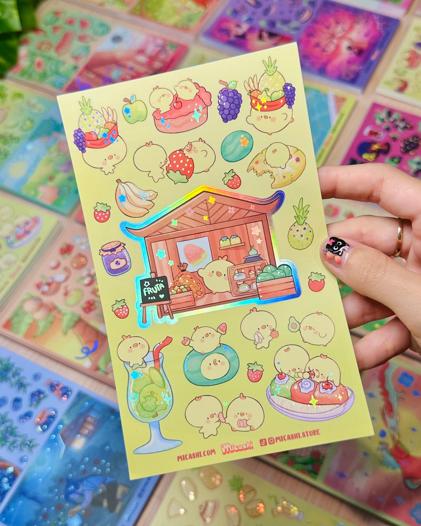 Pipa Fruit Shop -Vinyl sticker sheet with holographic foil details, matte laminated