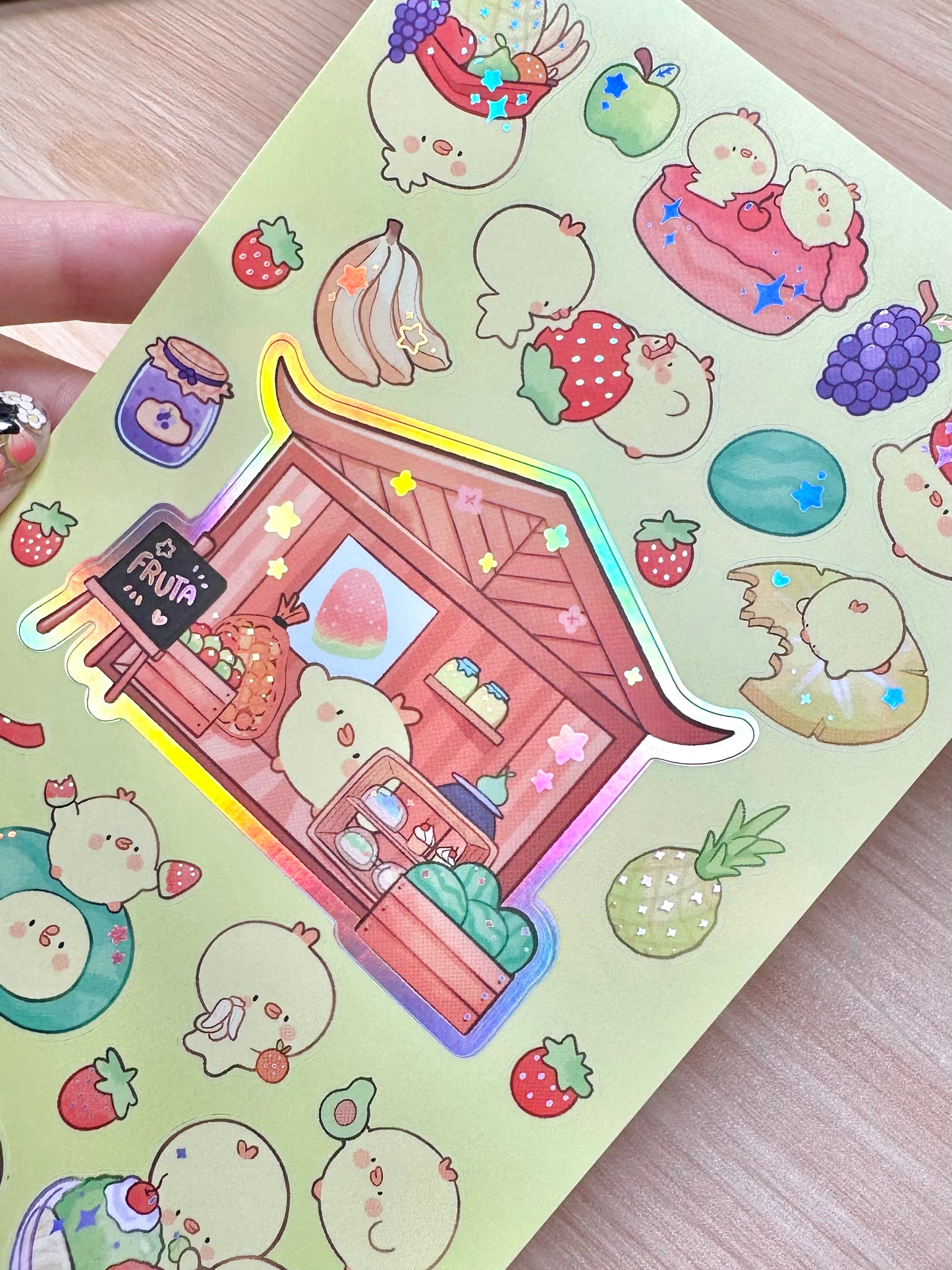 Pipa Fruit Shop -Vinyl sticker sheet with holographic foil details, matte laminated